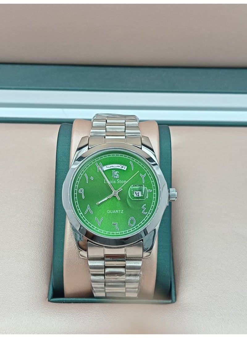 Men's wristwatch with Arabic numerals, Rolex style, water resistant, modern and high quality, silver strap with a green dial